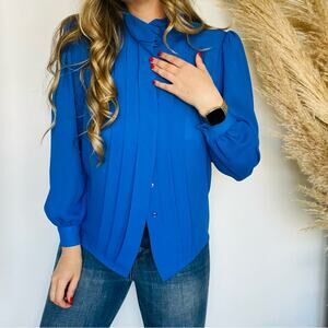 VINTAGE Royal Blue Long Sleeve Sheer High Neck Button Down Blouse Shirt Top Work